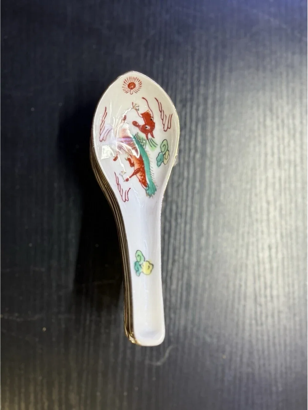 Vintage Chinese Porcelain Soup Spoons Set of 7 Dragon Gold Trim 6” Asian